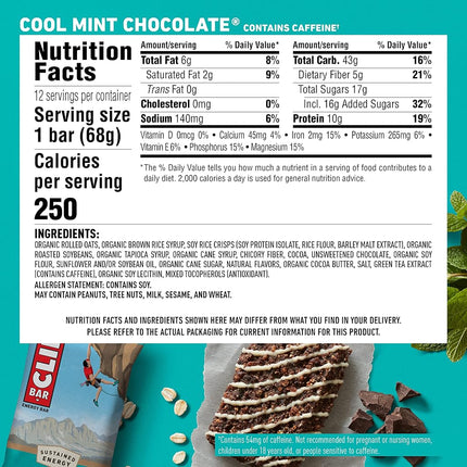 CLIF BAR - Barre énergétique - Menthe poivrée chocolat - Avec caféine (Barre protéinée de 68 g, paquet de 12)