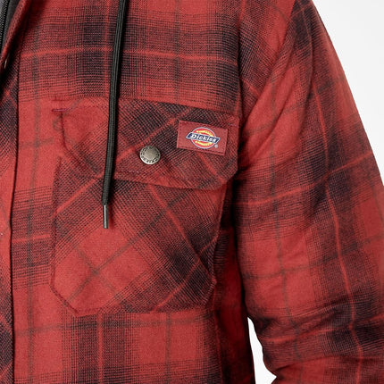 Dickies Men's Water Repellent Flannel Hooded Shirt Jacket, Brick Black Ombre Plaid, Large