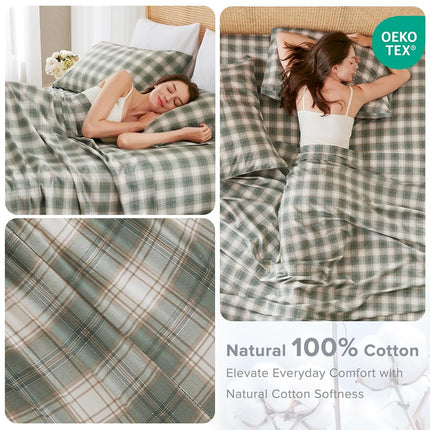 Comfort Spaces 100% Cotton Sheets King, Breathable, Naturally Cool Cotton Sheets,Cotton Bed Sheets with 14" Elastic Pocket Fits up to 16" Mattress, All Seasons Sheet Set, Wesley Green 4 Piece