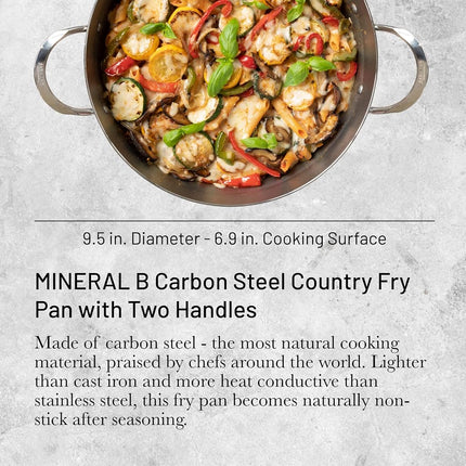 De Buyer Mineral B Carbon Steel Country Fry Pan with 2 Handles - 9.5” Diameter, 6.9” Cooking Surface - Ideal for Sauteing, Simmering, Deep Frying, Stir Frying - PFAS, PFOA, PFOS Free - Made in France