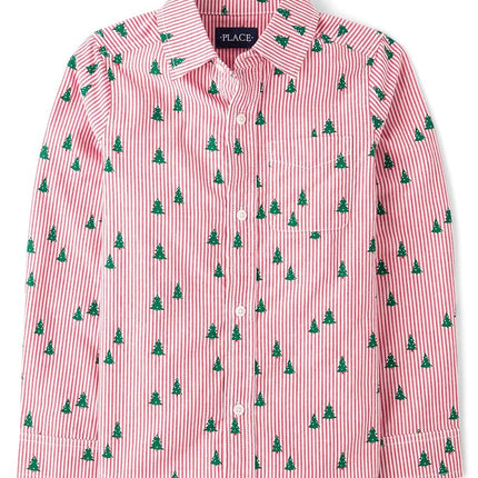 The Children's Place Boy's Long Sleeve Button Down Shirts, Red Trees, X-Large