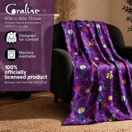 Franco Collectibles Coraline Button Eyes Bedding Super Soft Cozy Plush Throw, 46 in x 60 in, (Officially Licensed Product)