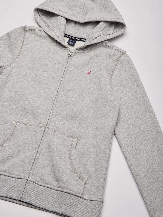 Nautica Girls' Fleece Full-Zip Hoodie Sweatshirt, Grey Heather, 5