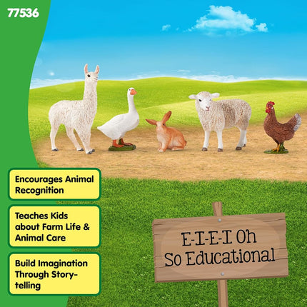 schleich Farm World - Lote de 5 figuras de animales bonitas con conejo de juguete, oveja, llama, pollo y ganso - Set de juego de figuras realistas de granja - Juguetes educativos para niños pequeños - Niños y niñas a partir de 3 años | 77536