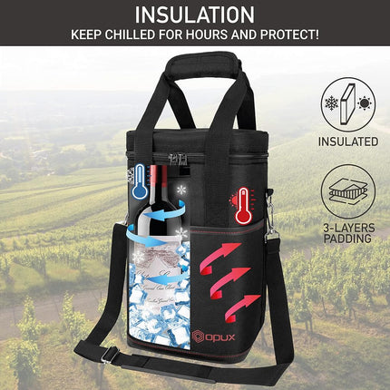 opux Wine Bag, 4 Bottle Wine Cooler Bag, Insulated Wine Tote Carrier for Travel Picnic BYOB, Leakproof Padded Portable Wine Bottle Bag for Wine Lovers Gift Women Men Christmas (Black)
