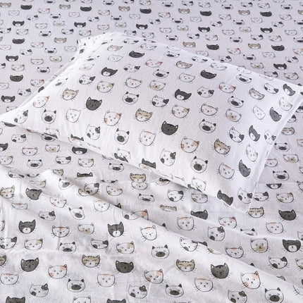 Intelligent Design Cozy Soft Juego de sábanas de franela 100% algodón con estampado de animales y estrellas, cálido, ultrasuave para clima frío, Queen, gatos gris/rosa, 4 piezas