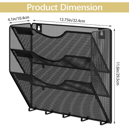 EasyPAG Wall File Organizer 3 Pocket Vertical Mesh Hanging File Holder Paper Rack with Key Hooks,Black