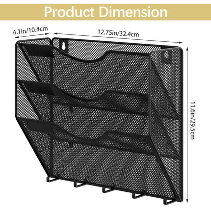 EasyPAG Wall File Organizer 3 Pocket Vertical Mesh Hanging File Holder Paper Rack with Key Hooks,Black