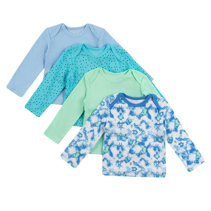 Hanes Baby and Toddler Long Sleeve Flexy Soft Knit Expandable Shoulder Pullover Undershirt (4 Pack), Blue/Green, 12-18 Months