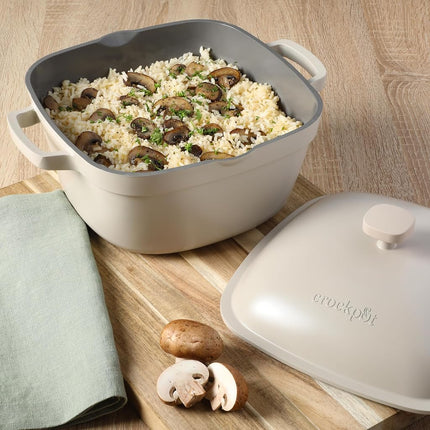 Crock-Pot Northvale Cocotte Hollandaise en Aluminium Moulé, Légère, Durable, de 5,2 Litres, Robuste avec Couvercle, Compatible Four, Doubles Poignées - Blanc Lin Mat
