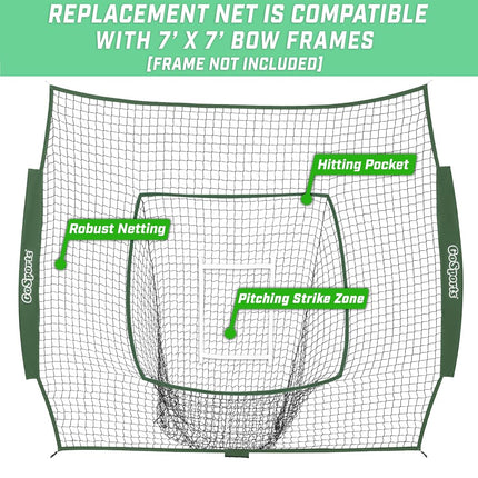 GoSports Team Tone Replacement 7 ft x 7 ft Baseball/Softball Net - Compatible with GoSports Brand 7 ft x 7 ft Baseball Net - Frame Not Included - Green