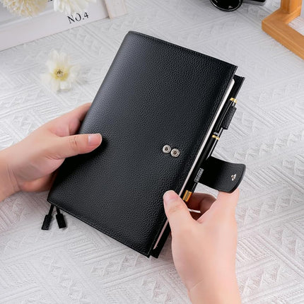 Ox Knight A5 Leather Planner Cover for Hobonichi Cousin, Stalogy, Midori, Leuchtturm1917, and More - with Pen Loop, Card Slots, Back Pocket, and Bookmarks (Black)