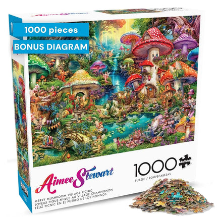 Buffalo Games, Aimee Stewart, Merry Mushroom Village Picnic (Happy Mushroom Picnic in Village) 1000 Piece Jigsaw Puzzle for Adults, Challenging Puzzle, Perfect for Game Nights, Finished Size is