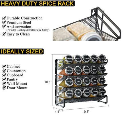SpaceAid Spice Rack Organizer with 20 Spice Jars, 386 Spice Labels, Chalk Marker and Funnel Set for Cabinet, Countertop, Pantry, Cabinet or Door and Wall Mounted - 20 Jars, 25cm W × 27.5cm H
