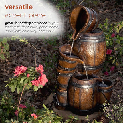 Alpine Corporation 24" H Indoor/Outdoor Tiered Barrels and Buckets Fountain, Brown