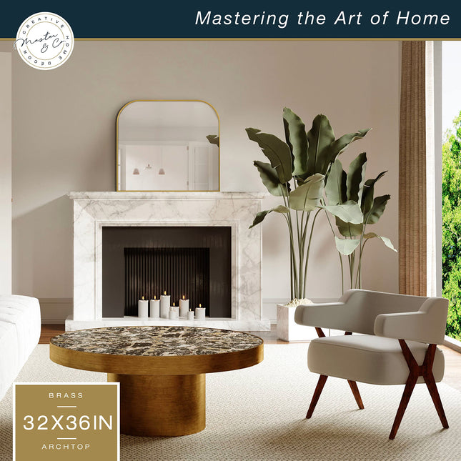 MCS Master & Co. Modern Metal Large Wall Mirror, Minimalist Home Decor Mantle Arch Mirror for Living Room, Bedroom, or Bathroom, 36 by 32 Inch, Brass