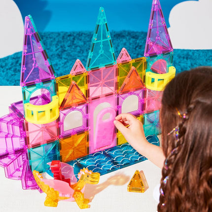 Magna-Tiles Château DLX + microMAGS Ensemble de construction magnétique 48 pièces – Jouet de construction de château de luxe avec pont-levis, dragon et escaliers en colimaçon – Jeu STEM créatif pour enfants à partir de 3 ans