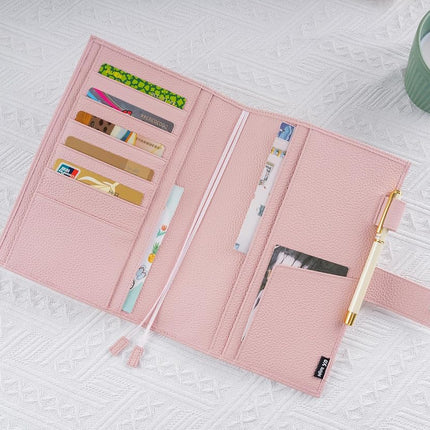 Ox Knight A5 Leather Planner Cover for Hobonichi Cousin, Stalogy, Midori, Leuchtturm1917, and More - with Pen Loop, Card Slots, Back Pocket, and Bookmarks (Pink)