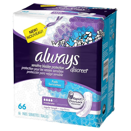 Always Discreet Moderate Absorbency Incontinence Pads, 66 Count