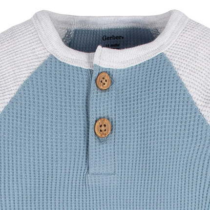 Gerber Baby Boys' Long Sleeve Henley Onesies (2 Pack), Blue and Heather Grey, Newborn