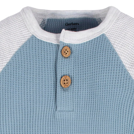 Gerber Baby Boys' Long Sleeve Henley Onesies (paquete de 2), azul y gris jaspeado, recién nacido