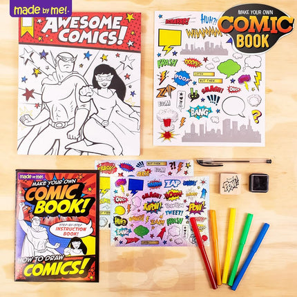 Made By Me Make Your Own Comic Book Storytelling Kit for Kids, 15-Page Hardcover Comic Book, How-to Draw Instructional Guide, Comic Inspired Stickers & Stamp, Holographic Stickers, 5 Vibrant Markers