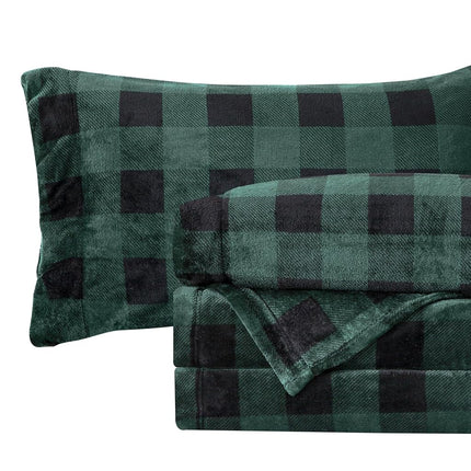 Elegant Comfort Luxuriously Soft 4-Piece Velvet Plush Flannel Sheet Set - Premium Quality - Cozy Warm, Anti-Static, Non Pilling Fuzzy Velvet Flannel Fleece Deep Pocket Sheet Set-Twin XL, Buffalo Green