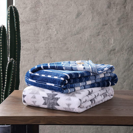 Wrangler - Throw Blanket, Soft Plush Fleece Bedding, Yellowstone Inspired, Western Decor for Bed or Couch (Logan Stripe Blue, 50" x 60")