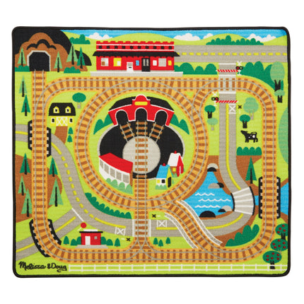 Melissa & Doug Tapis de jeu Circuit de train avec 3 wagons de train en bois à assembler (39 x 36 po, emballage facile à ouvrir)