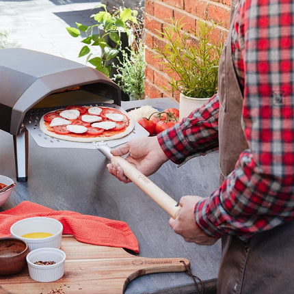 Chef Pomodoro Perforated Aluminum Long Extendable Pizza Peel, 12 x 14-Inch, with Detachable Wood 49-Inch Handle for Easy Storage, Gourmet Luxury Pizza Paddle for Baking Homemade Pizza Bread