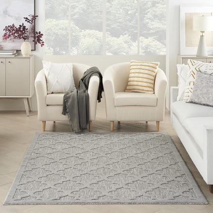 Alfombra de área Nourison Easy Care para interior/exterior gris plateado de 5' x 7', marroquí, enrejado, dormitorio, sala de estar, patio trasero, terraza, patio, fácil de limpiar, no suelta pelo
