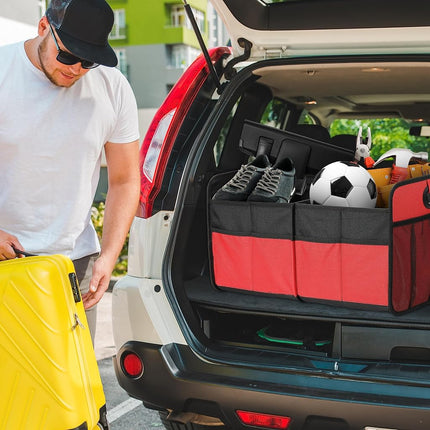 Simple Deluxe Car Trunk Organizer, 2 Compartments Collapsible Trunk Storage, Anti-slip Design, Made of Waterproof 600D Oxford Polyester, Suitable for SUV, Minivan, Truck, Standard Size, Red