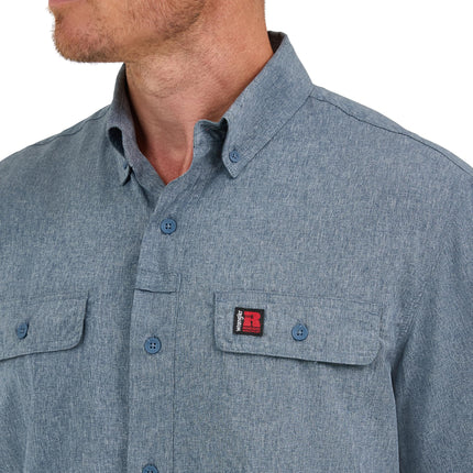 Camisa de trabajo Wrangler de hombre de manga corta con botones y ventilación, color azul noche jaspeado, talla M