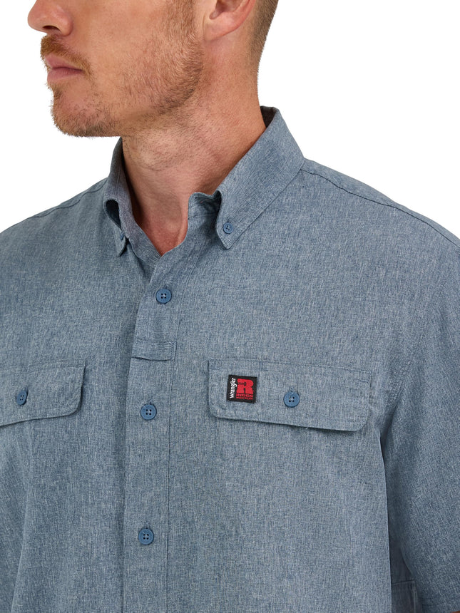 Wrangler Men's Short-Sleeve Vented Button-Down Work Shirt, Blue Nights Heather, Medium