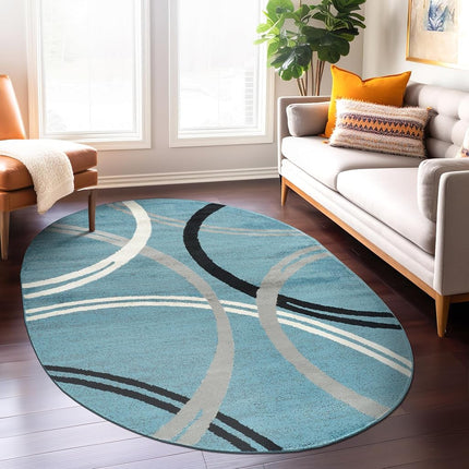 Tapis ovale à motif de cercles ondulés modernes Rugshop, tapis anti-chute pour salon, chambre ou salle à manger, bleu, ovale 1,5 m x 2,1 m