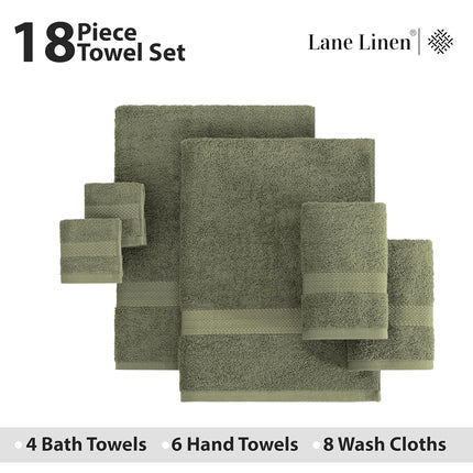 LANE LINEN Cotton Bath Towels for Bathroom - 18 PC 100% Cotton Towels - 4 Bathroom Towel Set, 6 Hand Towels for Bathroom, 8 Washcloths, Soft Turkish Towel Sets for Bathroom, Travel Towel - Oil Green