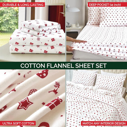 Elegant Comfort Ultra Soft 4-Piece 100% Turkish Cotton Flannel Sheet Set - Holiday Christmas Flannel Sheets, Warm and Cozy Anti-Pill Premium Quality, Deep Pocket Fitted Sheet- Twin XL, Red Stars