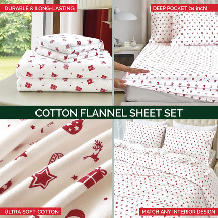 Elegant Comfort Ultra Soft 4-Piece 100% Turkish Cotton Flannel Sheet Set - Holiday Christmas Flannel Sheets, Warm and Cozy Anti-Pill Premium Quality, Deep Pocket Fitted Sheet- Twin XL, Red Stars