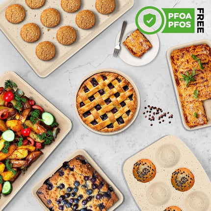 NutriChef 8-Piece Stackable Bakeware Set, Carbon Steel Non-Stick Baking Pan Set, Includes Sheet, Muffin, Round, Loaf, Square Cake & Deep Pans, PFOA & PFOS Free, Oven Safe to 232° F (Marble Cream)