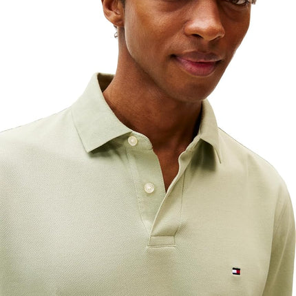 Tommy Hilfiger Mens Long Sleeve Polo Shirts in Regular Fit with Stretch and Organic Pique Cotton, Earth Sage, Large