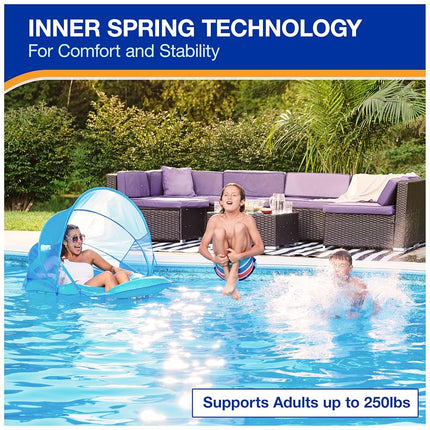 Tumbona de piscina reclinable prémium SwimWays Spring Float con dosel ajustable y válvula Hyper-Flate, azul