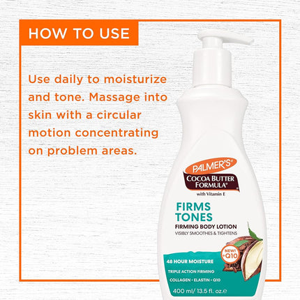 Palmer's Cocoa Butter Formula Skin Firming Body Lotion, Toning & Tightening Cream with Q10, Collagen & Elastin, Pump Bottle, 400ml/13.5 Oz.