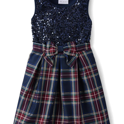 The Children's Place Girls' One Size Sleeveless Holiday Dressy Dress, Sequin Navy, Large