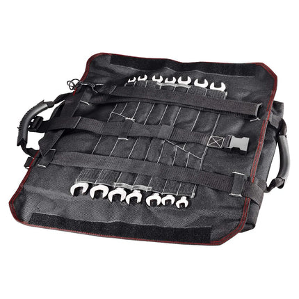 Powerbuilt Pro Tool Bag Roll Organizer, Portable, Great for Off-Road, Heavy Duty 1200D Polyester, 18-1/2 in. x 15 in. Open Size, Hanging Strap, Carry Handle, 5 Zipper Pockets, 14 Wrench Slots