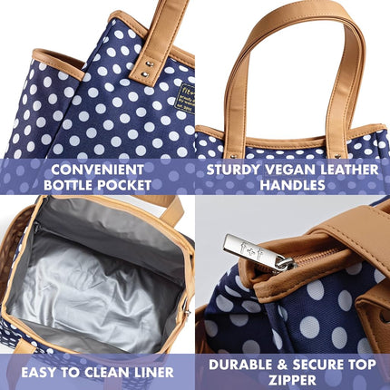 Fit & Fresh Lunch Bag for Women, Insulated Womens Lunch Bag for Work, Leakproof & Stain-Resistant Large Lunch Box for Women with Containers and Matching Tumbler, Zipper, Westerly Lunch Bag, Navy Dot