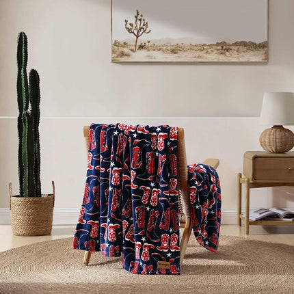 Wrangler - Throw Blanket, Soft Plush Fleece Bedding, Yellowstone Inspired, Western Decor for Bed or Couch (Knocking Boots Blue, 50" x 70")