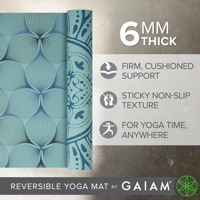 Esterilla de yoga Gaiam - Premium de 6 mm con estampado, reversible, extragruesa, antideslizante para todo tipo de yoga, pilates y ejercicios en el suelo (68" x 24" x 6mm de grosor)