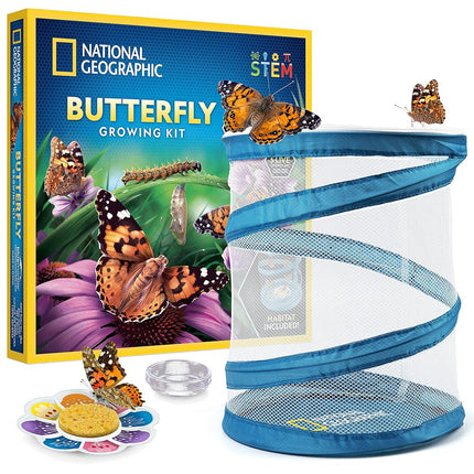 Kit d'élevage de papillons NATIONAL GEOGRAPHIC – Kit d'habitat de papillons avec bon pour échanger 5 chenilles (10,95 $ de frais de port non inclus), cage à papillons, mangeoire (exclusivité Amazon)