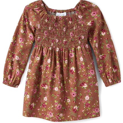 The Children's Place Baby Girls' and Toddler Long Sleeve Everyday Casual Dress, Pecan Pie Smocked, 12-18 Months