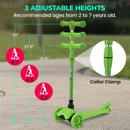 Hurtle Mini Kickboard Scooter for Kids - Height Adjustable 25''-28'', Lightweight 3-Wheel Toddler Scooter with LED Light-up Wheels, Anti-Slip,Indoor/Outdoor Fun for Ages 2-5 (Green)